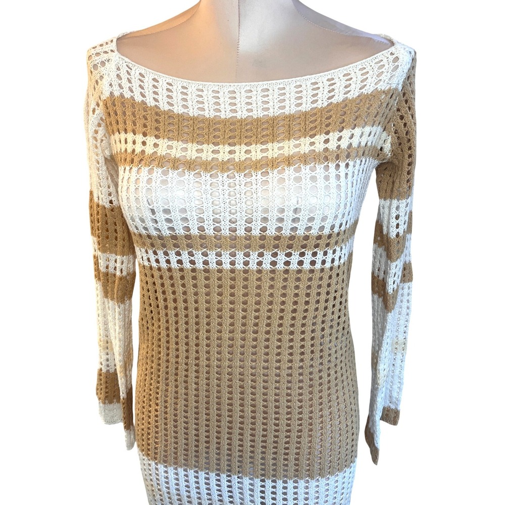 Boho Striped Crochet Maxi Dress White Tan Open Knit Long Sleeve Medium Beach